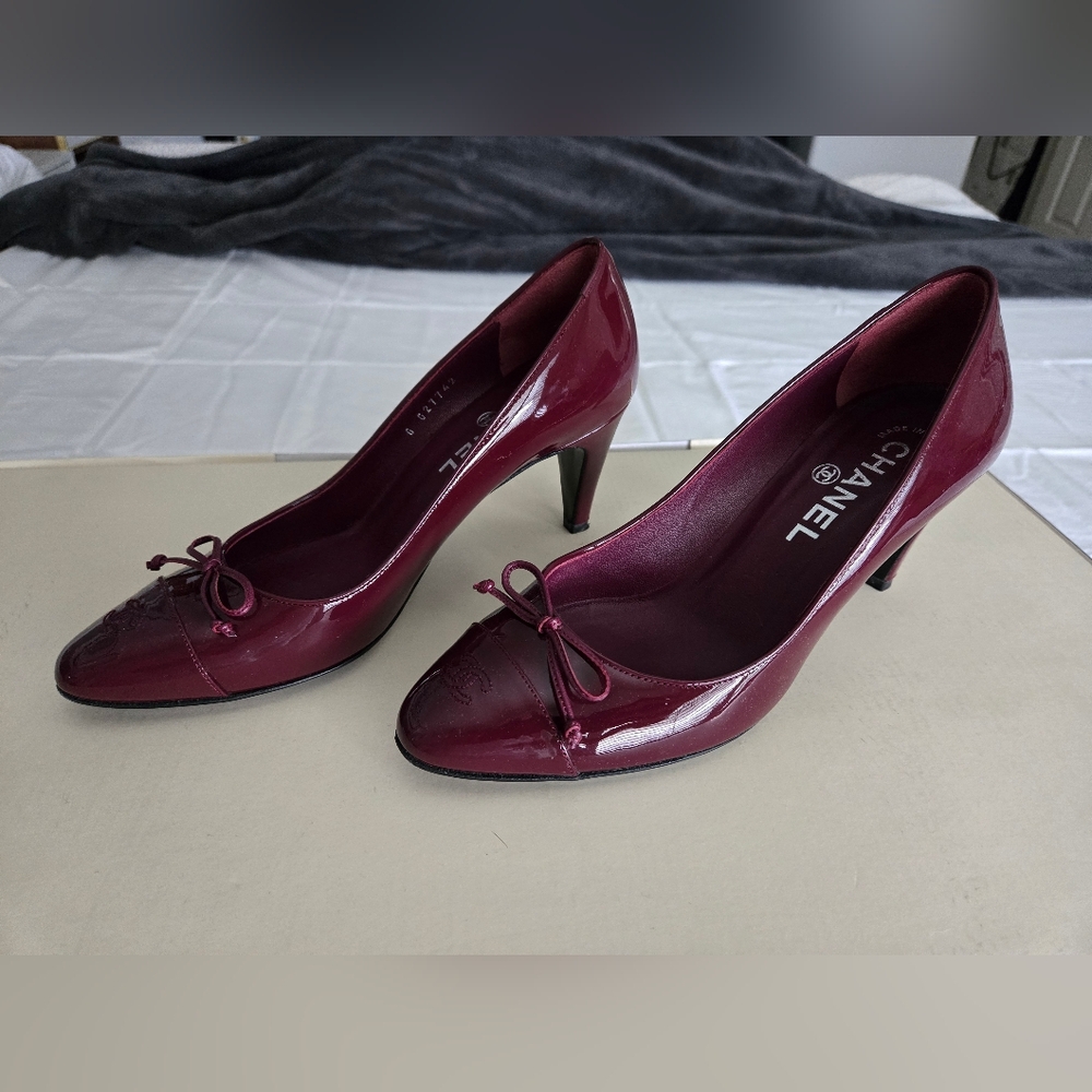 Chanel patent ballerina heels in burgundy oxblood cherry